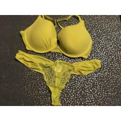 Hunkemoller gif groen geel padded beugel bh 80E string xl