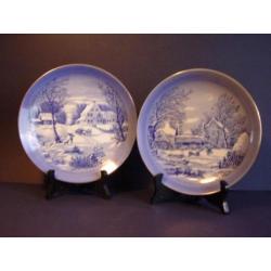 2x Blauw Bord Winterlandschap Currier & Ives Made in Japan